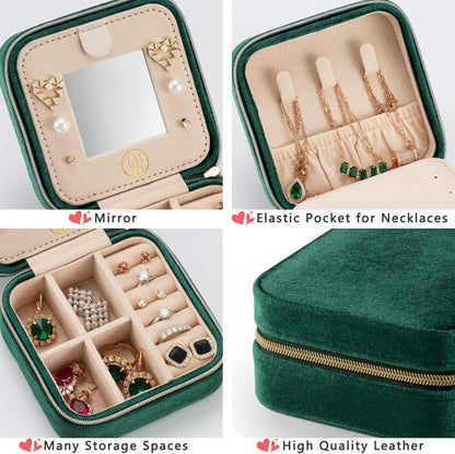 Plush Velvet Jewelry Travel Case,Small Jewelry Box,Traveling Jewelry Organizer,Portable Jewellery Storage Holder for Rings Earrings Necklace Bracelet, for Girls Women | Pink-Mirror