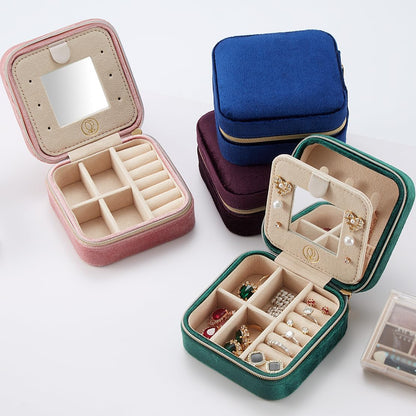 Plush Velvet Jewelry Travel Case,Small Jewelry Box,Traveling Jewelry Organizer,Portable Jewellery Storage Holder for Rings Earrings Necklace Bracelet, for Girls Women | Pink-Mirror