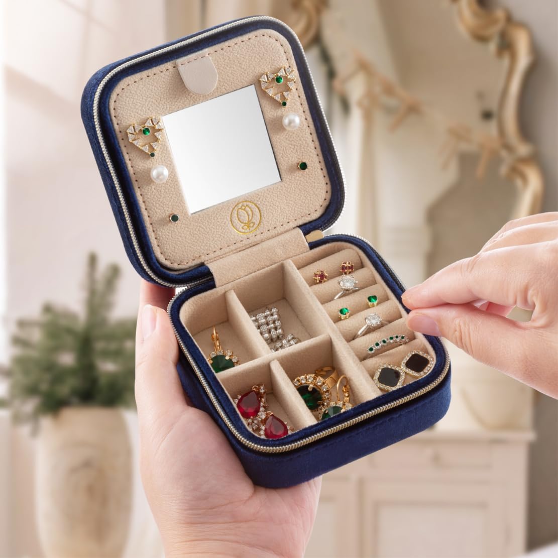Plush Velvet Jewelry Travel Case,Small Jewelry Box,Traveling Jewelry Organizer,Portable Jewellery Storage Holder for Rings Earrings Necklace Bracelet, for Girls Women | Pink-Mirror
