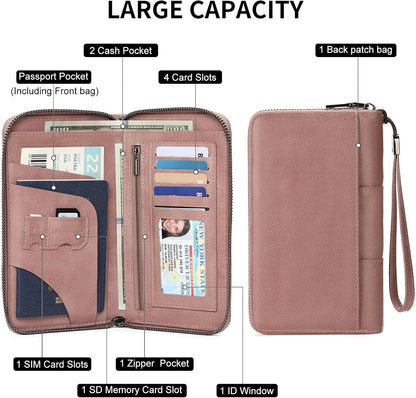 RFID Blocking with Zipper Travel Passport Wallet,Travel Document Organizer for Men and Women Family Holder with Wrist Strap