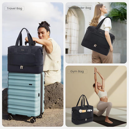 Travel Duffle Bag - Puffer Weekender Bags For Women with Shoe Compartment,50L Carry On Overnight Duffel Bags For Airplanes,Hospital Bag for Labor and Delivery,2Pcs