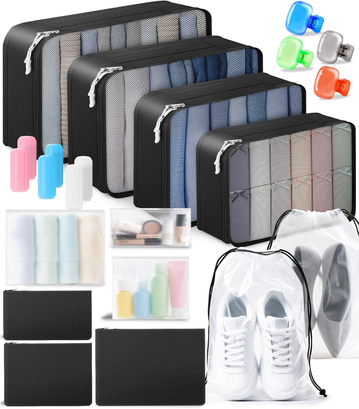 Packing Cubes for Suitcases, 7 Pcs luggage organizer bags with Shoe Bag, 2 Waterproof Travel Toiletry Bags, Travel Cubes for Travel Essentials Travel Accessories