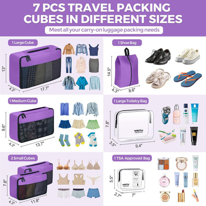 Packing Cubes for Suitcases, 7 Pcs luggage organizer bags with Shoe Bag, 2 Waterproof Travel Toiletry Bags, Travel Cubes for Travel Essentials Travel Accessories