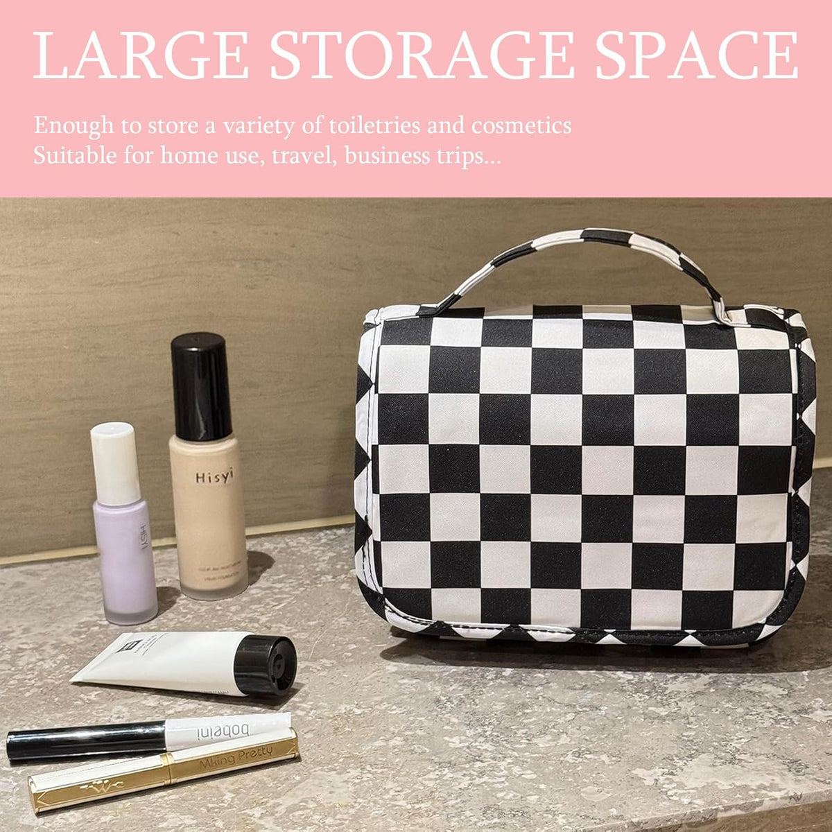 Pink Bows Hanging Travel Toiletry Bag Kit Makeup Bag Cosmetics Organizer for Men Women (Pink Bows)