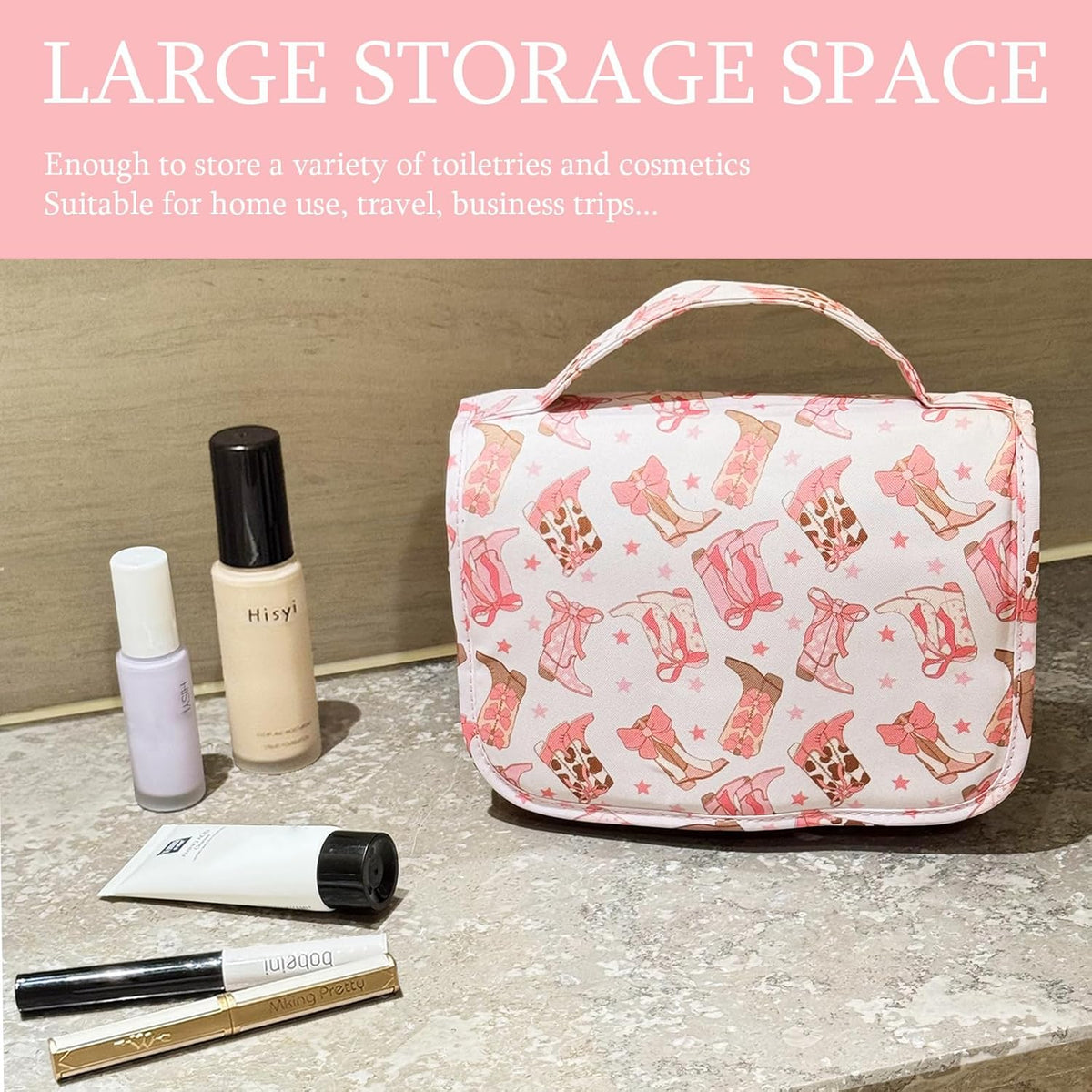 Pink Bows Hanging Travel Toiletry Bag Kit Makeup Bag Cosmetics Organizer for Men Women (Pink Bows)