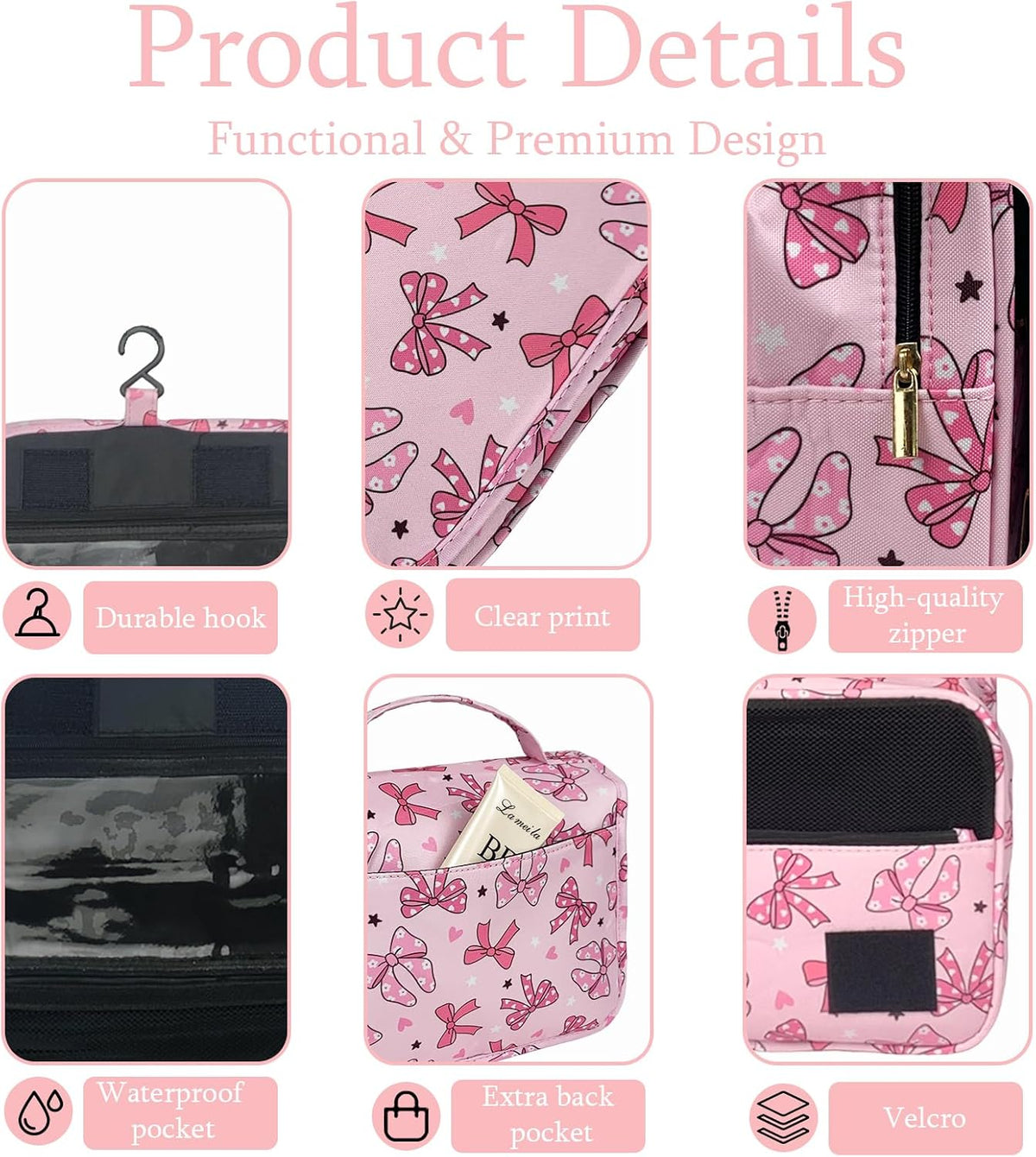 Pink Bows Hanging Travel Toiletry Bag Kit Makeup Bag Cosmetics Organizer for Men Women (Pink Bows)