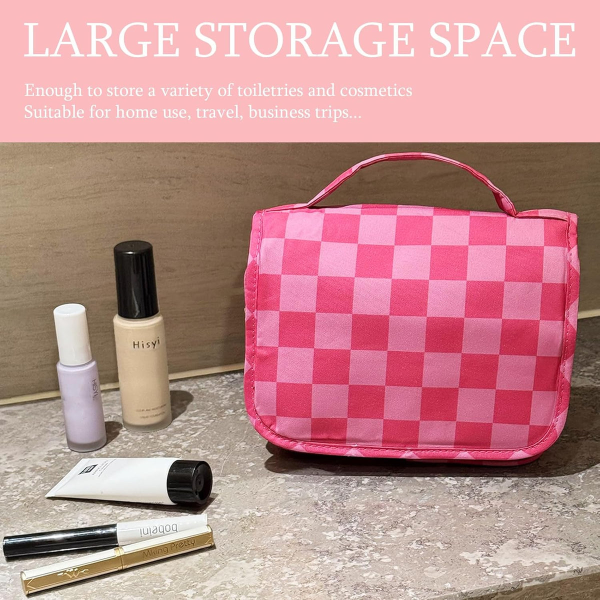 Pink Bows Hanging Travel Toiletry Bag Kit Makeup Bag Cosmetics Organizer for Men Women (Pink Bows)