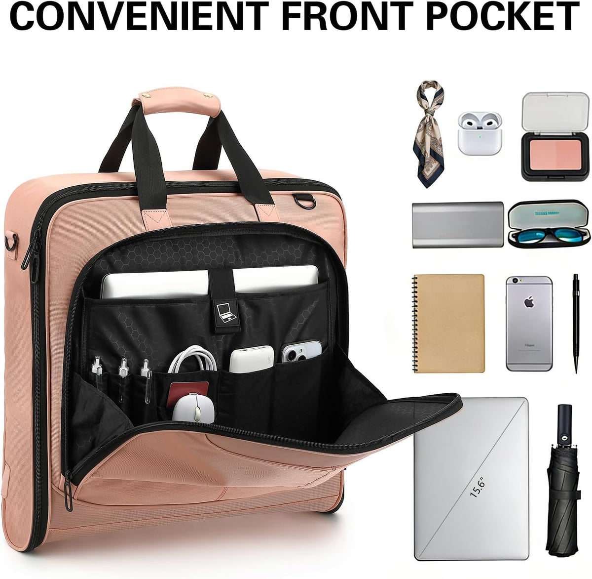 Travel Garment Bag Carry on Suit Bag for Women 51'' Waterproof Garment Bags Dress Bag for Travel Business Hanging Suitcase Luggage Bag with Shoulder Strap free shoe bag Fit 15.6'' Laptop, Pink