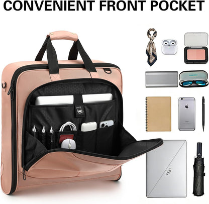 Travel Garment Bag Carry on Suit Bag for Women 51'' Waterproof Garment Bags Dress Bag for Travel Business Hanging Suitcase Luggage Bag with Shoulder Strap free shoe bag Fit 15.6'' Laptop, Pink