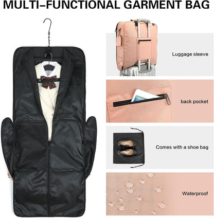 Travel Garment Bag Carry on Suit Bag for Women 51'' Waterproof Garment Bags Dress Bag for Travel Business Hanging Suitcase Luggage Bag with Shoulder Strap free shoe bag Fit 15.6'' Laptop, Pink