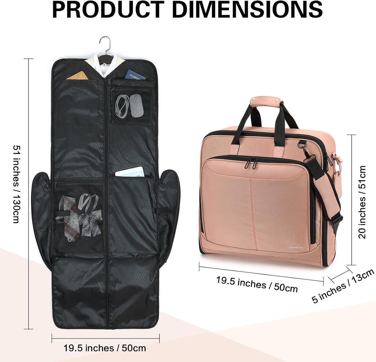 Travel Garment Bag Carry on Suit Bag for Women 51'' Waterproof Garment Bags Dress Bag for Travel Business Hanging Suitcase Luggage Bag with Shoulder Strap free shoe bag Fit 15.6'' Laptop, Pink