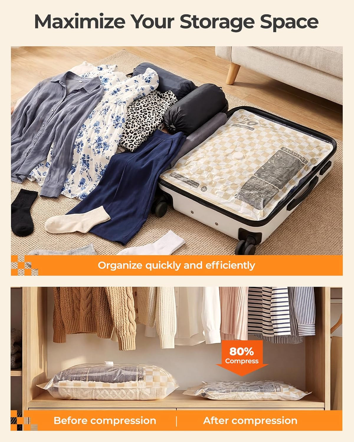 Travel Vacuum Seal Bags with Pump, Jumbo Vacuum Storage Bags for Clothes Blankets Comforters, Space Saver Bags for Travel, Compression Bags for Seasonal Storage-Graphite Ridge