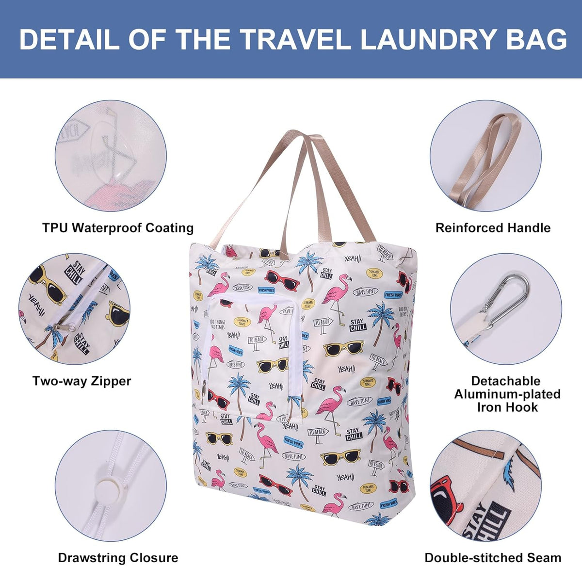 2 Pack Travel Laundry Bag with Handle and Drawstring, Expandable Foldable Dirty Clothes Bags with Hook and Zipper, 23*20 inch, Vacation