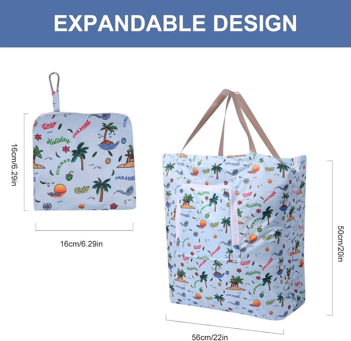 2 Pack Travel Laundry Bag with Handle and Drawstring, Expandable Foldable Dirty Clothes Bags with Hook and Zipper, 23*20 inch, Vacation