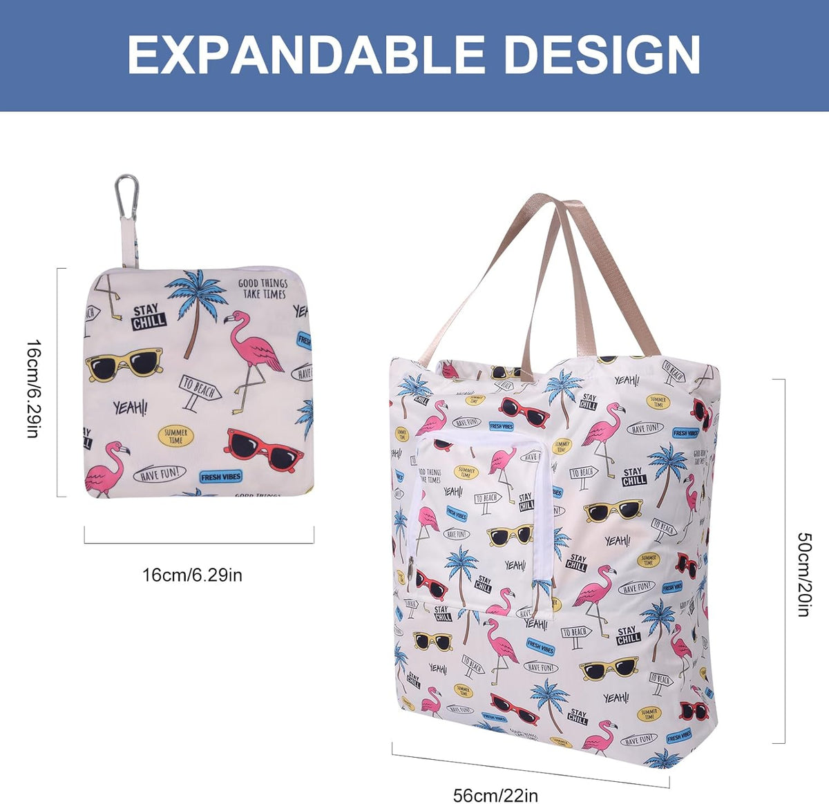 2 Pack Travel Laundry Bag with Handle and Drawstring, Expandable Foldable Dirty Clothes Bags with Hook and Zipper, 23*20 inch, Vacation