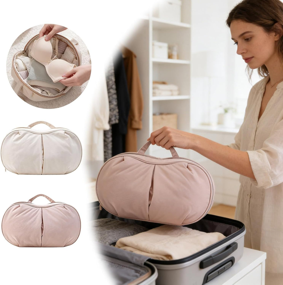 4-in-1 Travel Underwear Organizer Bag, Double Layer Bra Travel Bag, Portable Travel Underwear Packing Cube, Underwears Storage Bag Packing Cubes for Women Clothes Bras and Accessories (White#D)