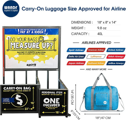 Foldable Personal Item Bag, Carry on Travel Duffle Bag | Frontier Airline Underseat Fit, 18x14x8 inches, Weekend Overnight Trips, Packable