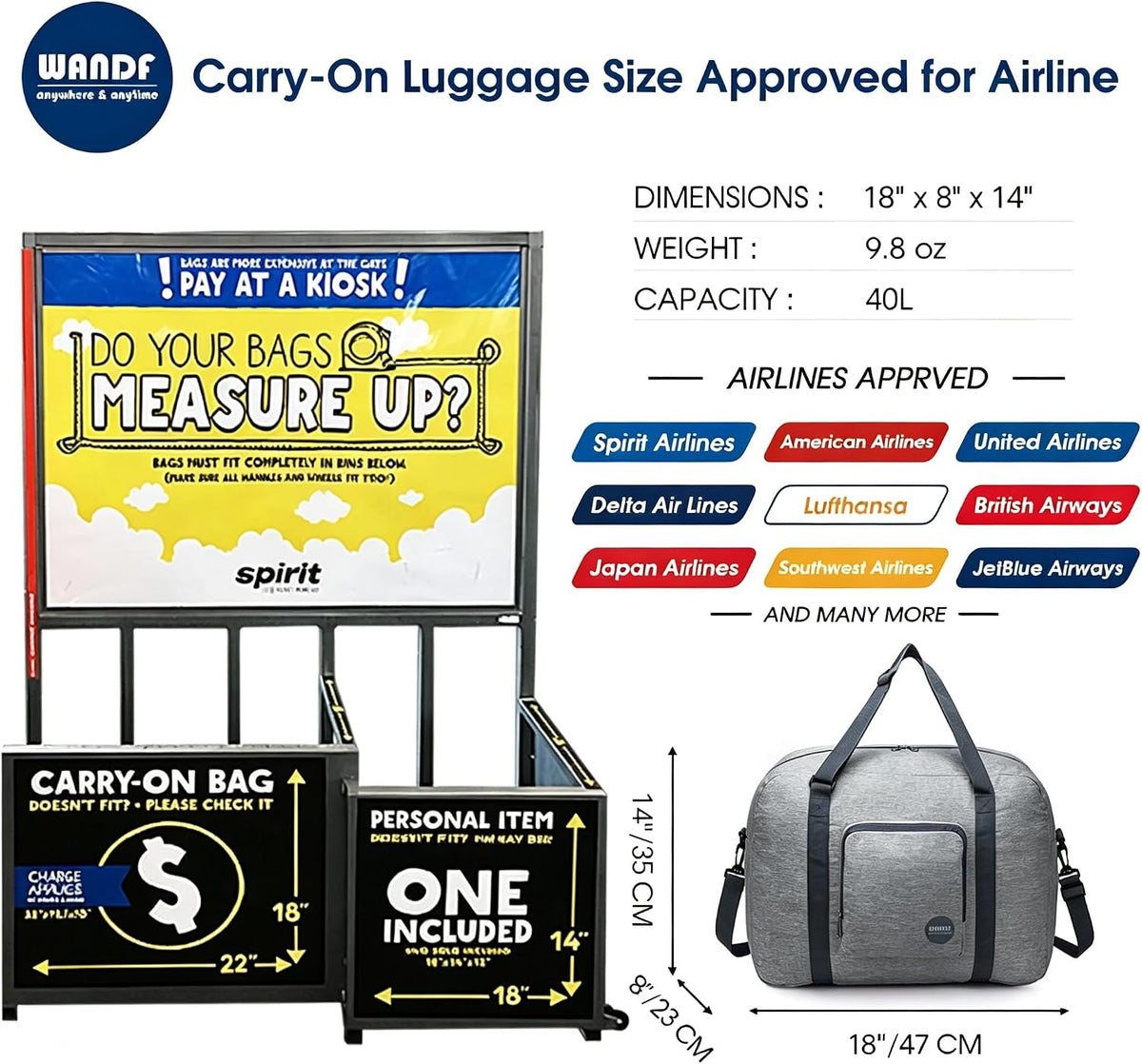 Foldable Personal Item Bag, Carry on Travel Duffle Bag | Frontier Airline Underseat Fit, 18x14x8 inches, Weekend Overnight Trips, Packable