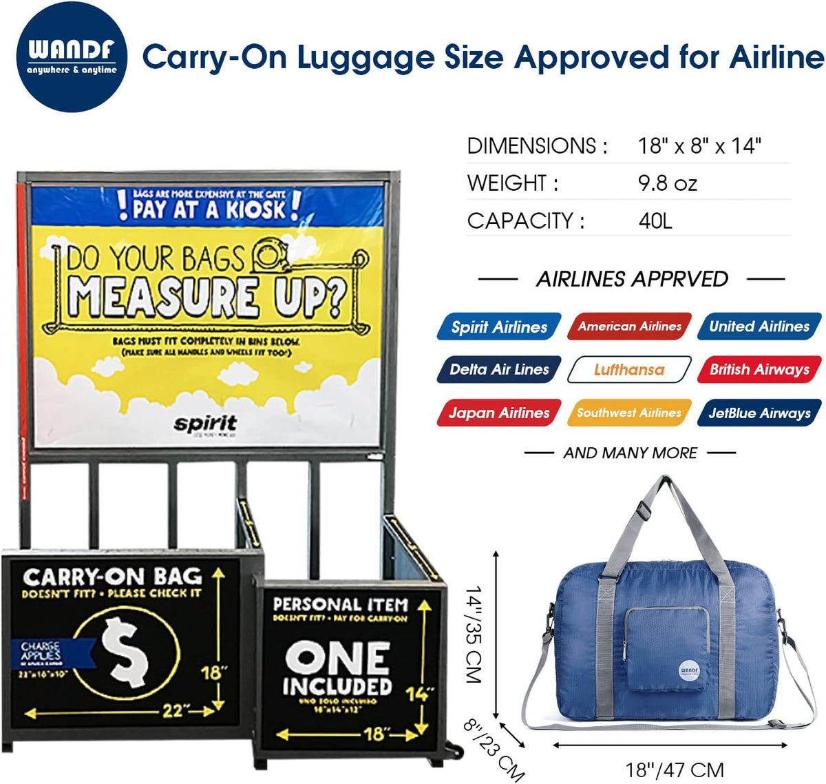 Foldable Personal Item Bag, Carry on Travel Duffle Bag | Frontier Airline Underseat Fit, 18x14x8 inches, Weekend Overnight Trips, Packable