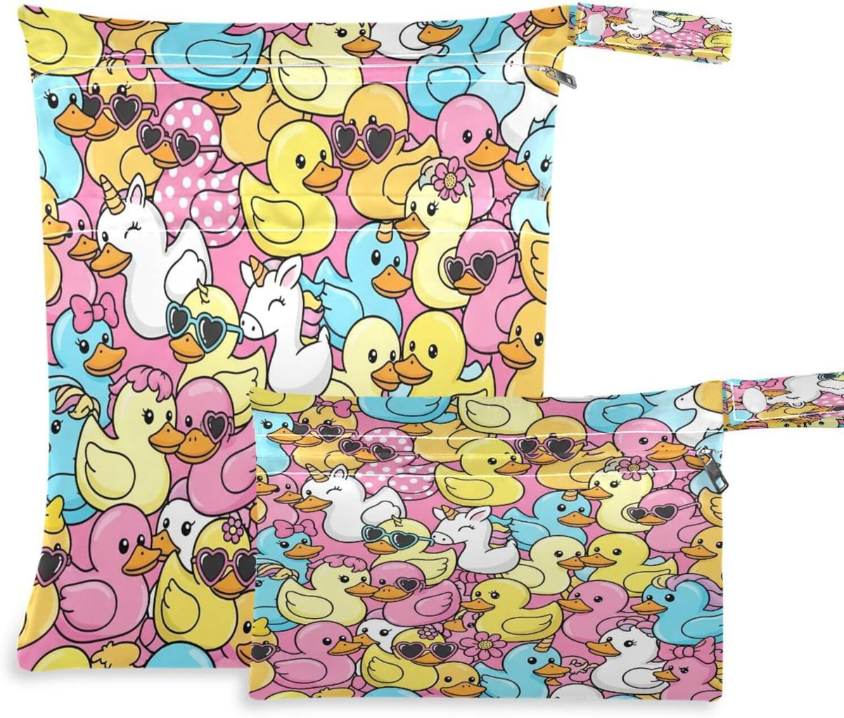 2pcs Waterproof Wet Bag Rubber Ducks Reusable Storage Bag with Two Zippered Pockets Cloth Diaper Wet Dry Bags for Travel, Swimsuits, Wet Clothes