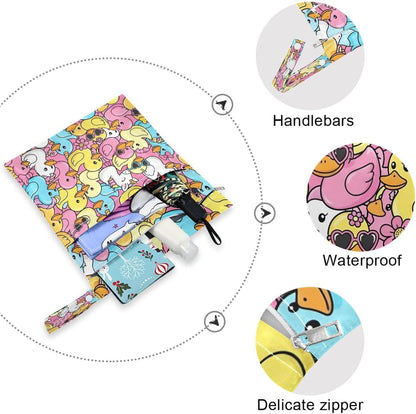 2pcs Waterproof Wet Bag Rubber Ducks Reusable Storage Bag with Two Zippered Pockets Cloth Diaper Wet Dry Bags for Travel, Swimsuits, Wet Clothes
