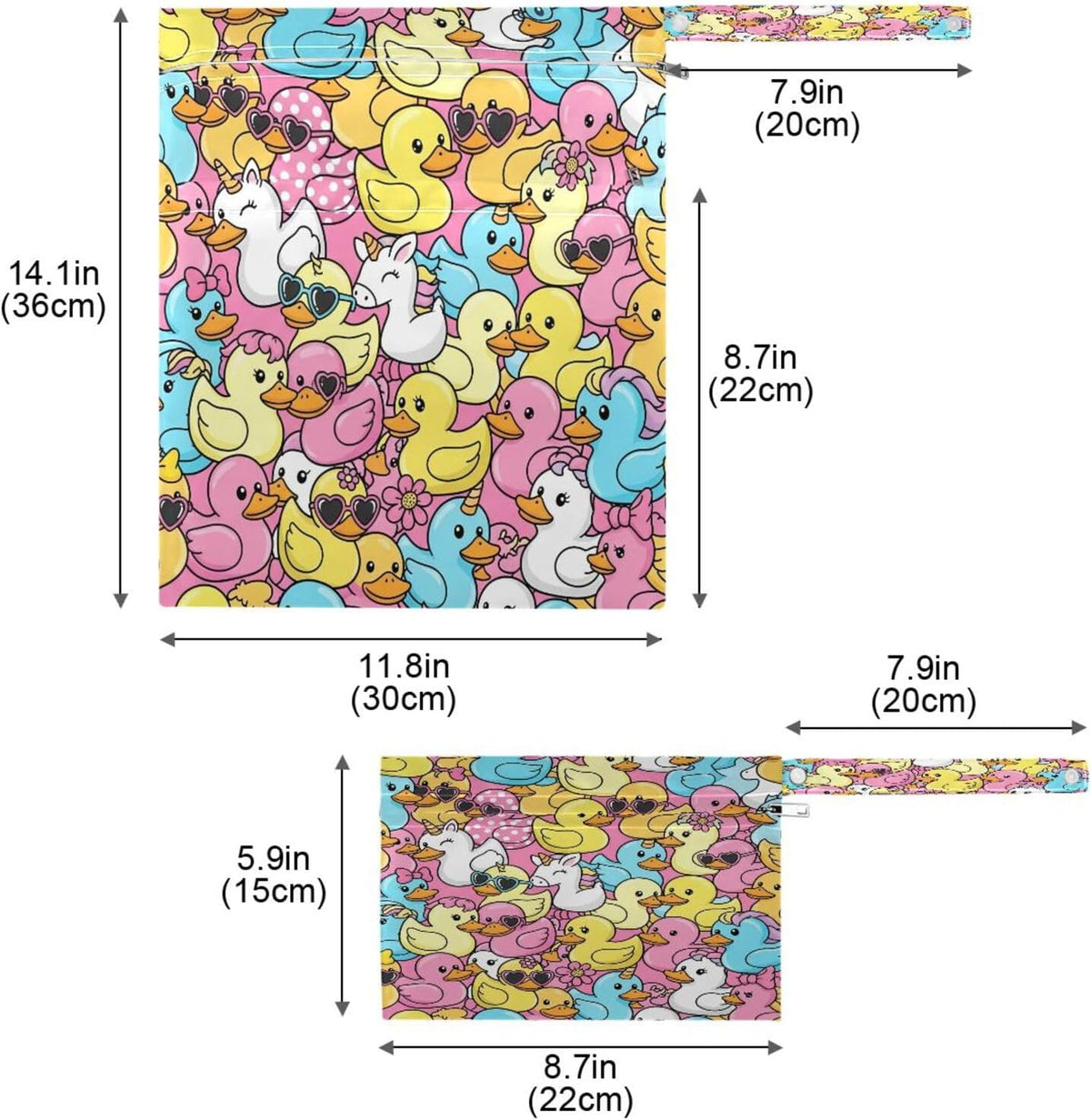 2pcs Waterproof Wet Bag Rubber Ducks Reusable Storage Bag with Two Zippered Pockets Cloth Diaper Wet Dry Bags for Travel, Swimsuits, Wet Clothes