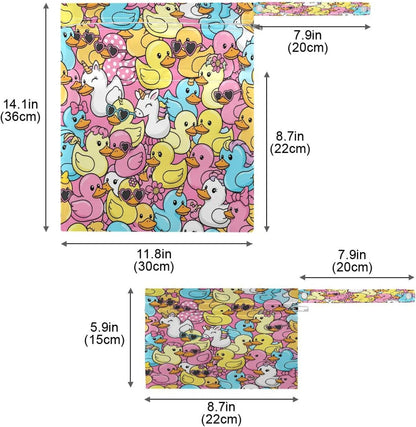 2pcs Waterproof Wet Bag Rubber Ducks Reusable Storage Bag with Two Zippered Pockets Cloth Diaper Wet Dry Bags for Travel, Swimsuits, Wet Clothes