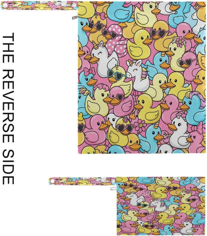 2pcs Waterproof Wet Bag Rubber Ducks Reusable Storage Bag with Two Zippered Pockets Cloth Diaper Wet Dry Bags for Travel, Swimsuits, Wet Clothes