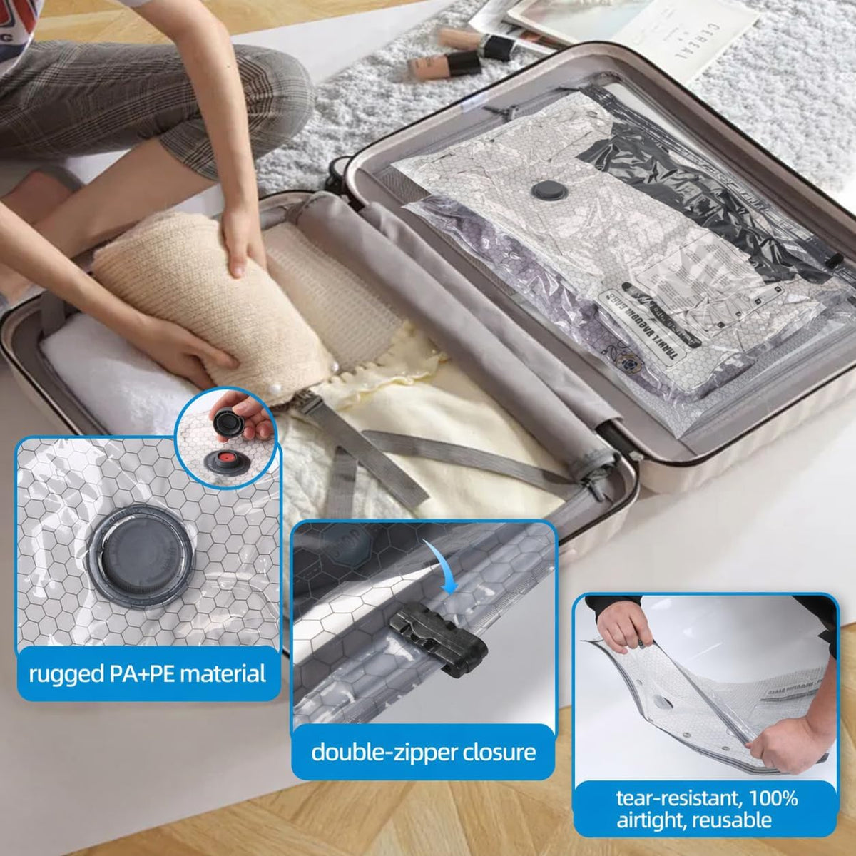 Vacuum Bags For Travel With Rechargeable Air Pump 15 Pack Compression Packing Bags for Luggage, Carry-On Space Saver for Clothes, Ideal for Dorm Living & Small Space Storage