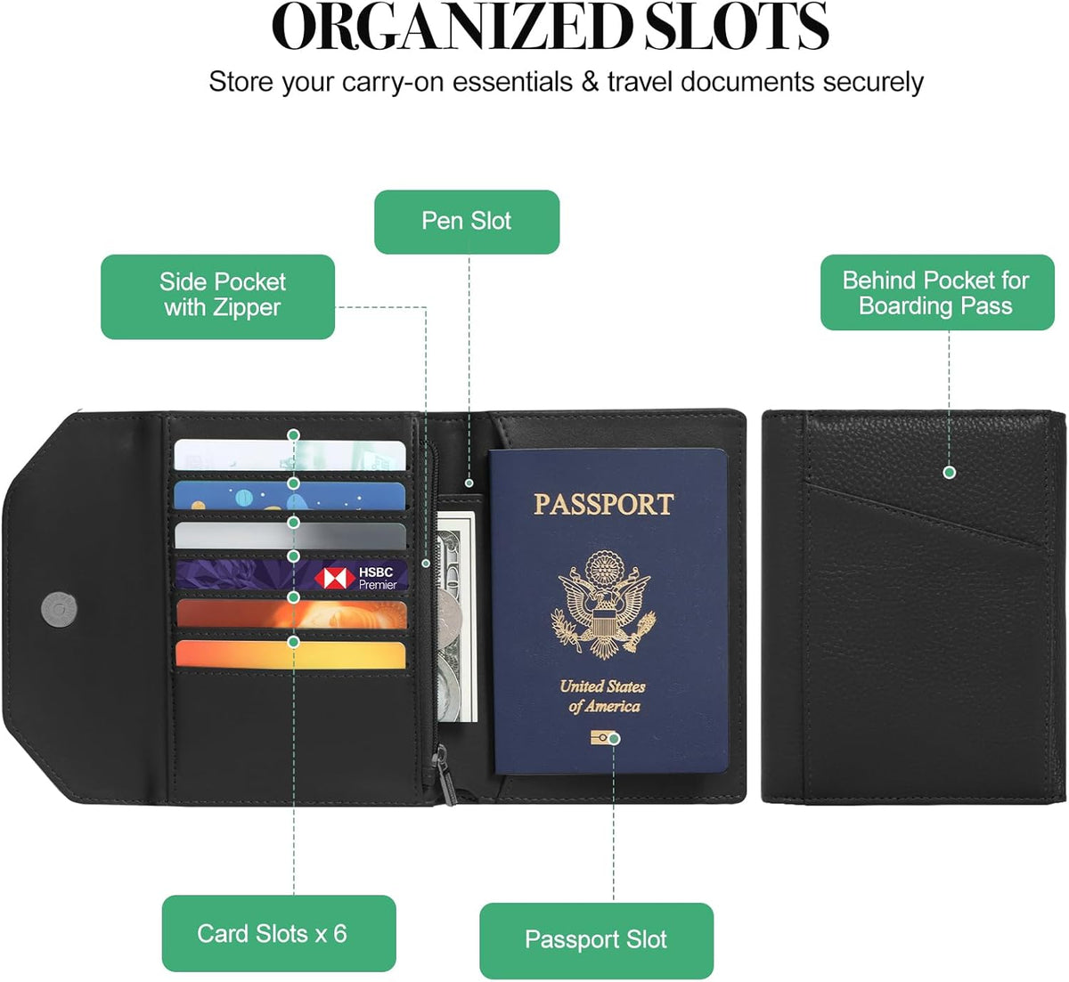 Leather Passport Holder for Travel,Rfid Passport Holder Protect Your Card Security,Passport Book Holder for Men Women,Travel Wallet with Cards & Pen Slot,Boarding Pass,Zipper Cash Pocket(Black)