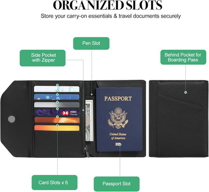 Leather Passport Holder for Travel,Rfid Passport Holder Protect Your Card Security,Passport Book Holder for Men Women,Travel Wallet with Cards & Pen Slot,Boarding Pass,Zipper Cash Pocket(Black)