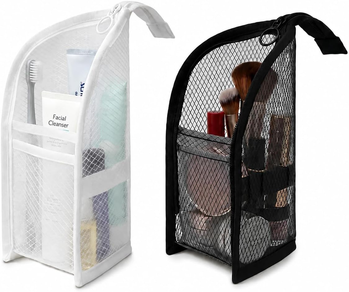 Standing Toiletry Bag 2 Pack, Portable Foldable Travel Toiletry Bags, Lightweight Water-Resistant Cosmetic Organizer with Clear Compartments, Upright Hanging Toiletries Storage Bag
