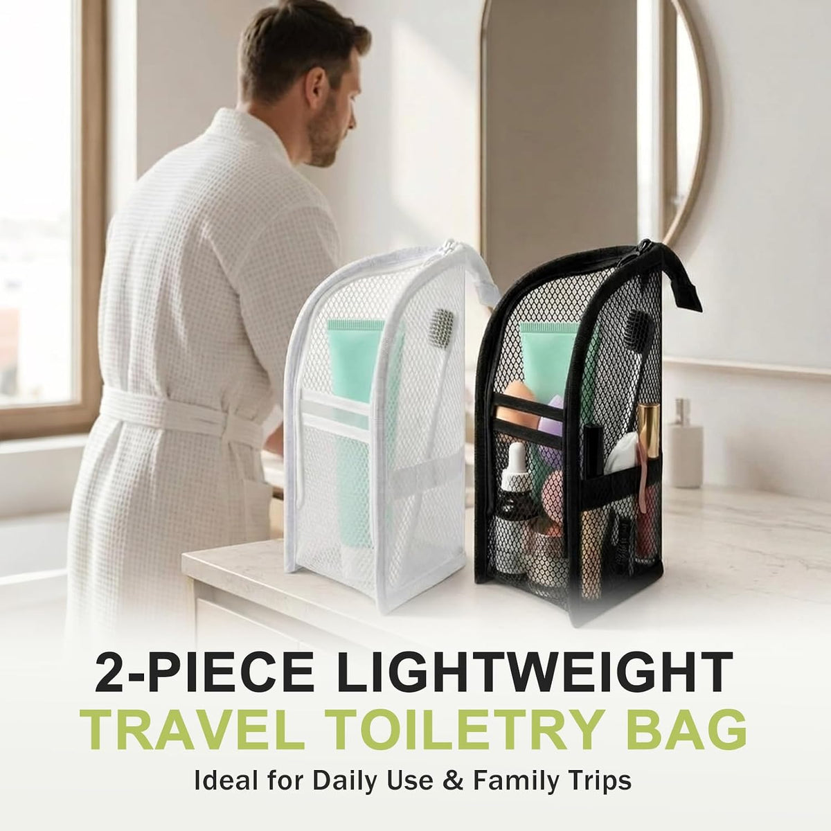 Standing Toiletry Bag 2 Pack, Portable Foldable Travel Toiletry Bags, Lightweight Water-Resistant Cosmetic Organizer with Clear Compartments, Upright Hanging Toiletries Storage Bag