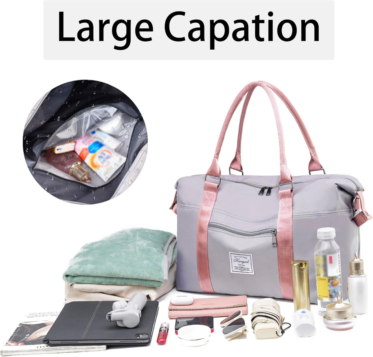 Gym Bag with Wet Pocket, Foldable Travel Duffle Bag Carry On Weekender Bags for Women, Waterproof Overnight Bag for Travel, Gym, Yoga