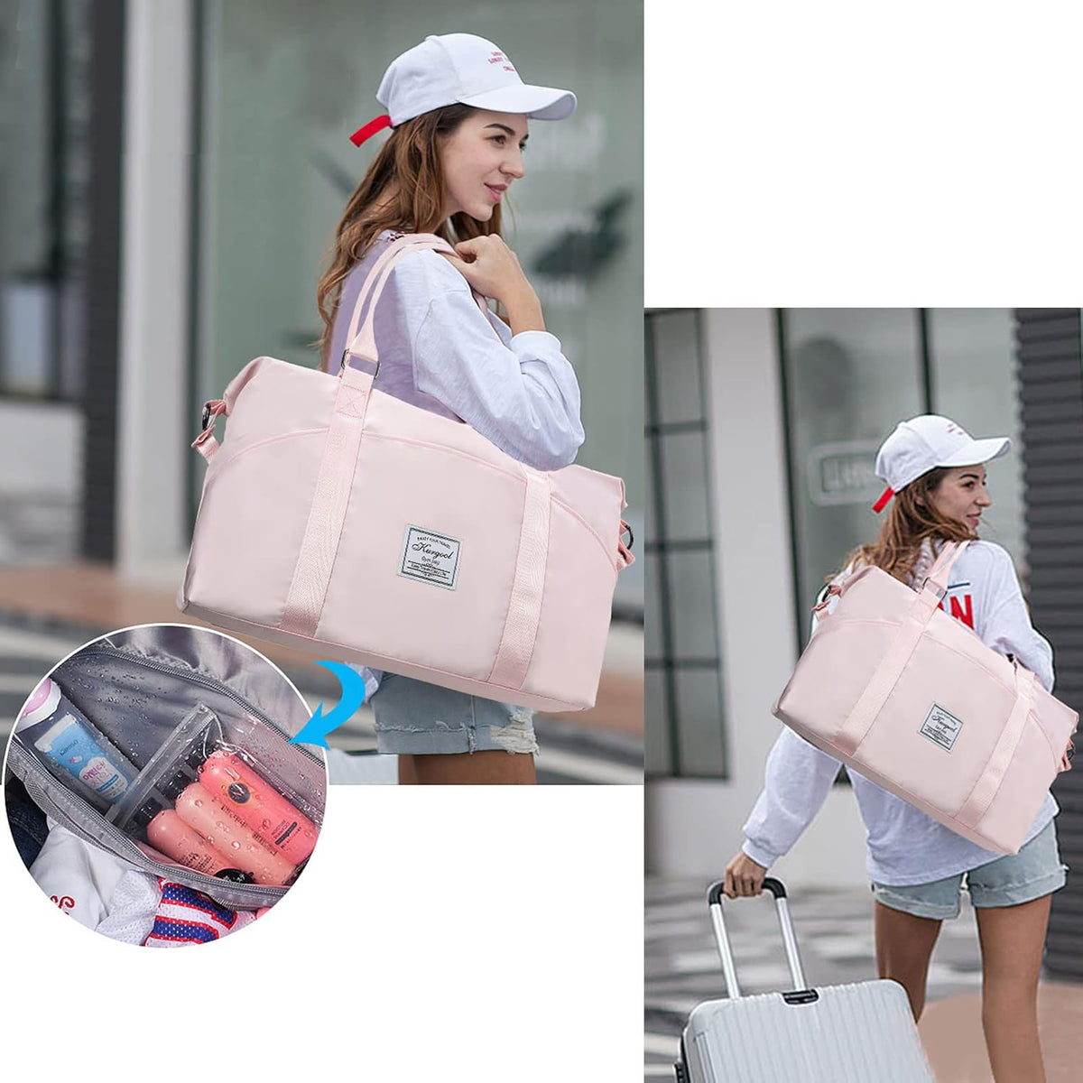 Gym Bag with Wet Pocket, Foldable Travel Duffle Bag Carry On Weekender Bags for Women, Waterproof Overnight Bag for Travel, Gym, Yoga