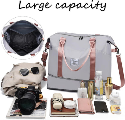 Gym Bag with Wet Pocket, Foldable Travel Duffle Bag Carry On Weekender Bags for Women, Waterproof Overnight Bag for Travel, Gym, Yoga