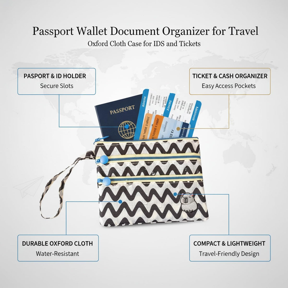 Travel Document Organizer Passport Wallet, Slim Oxford Cloth Case for IDs, Boarding Passes & Tickets