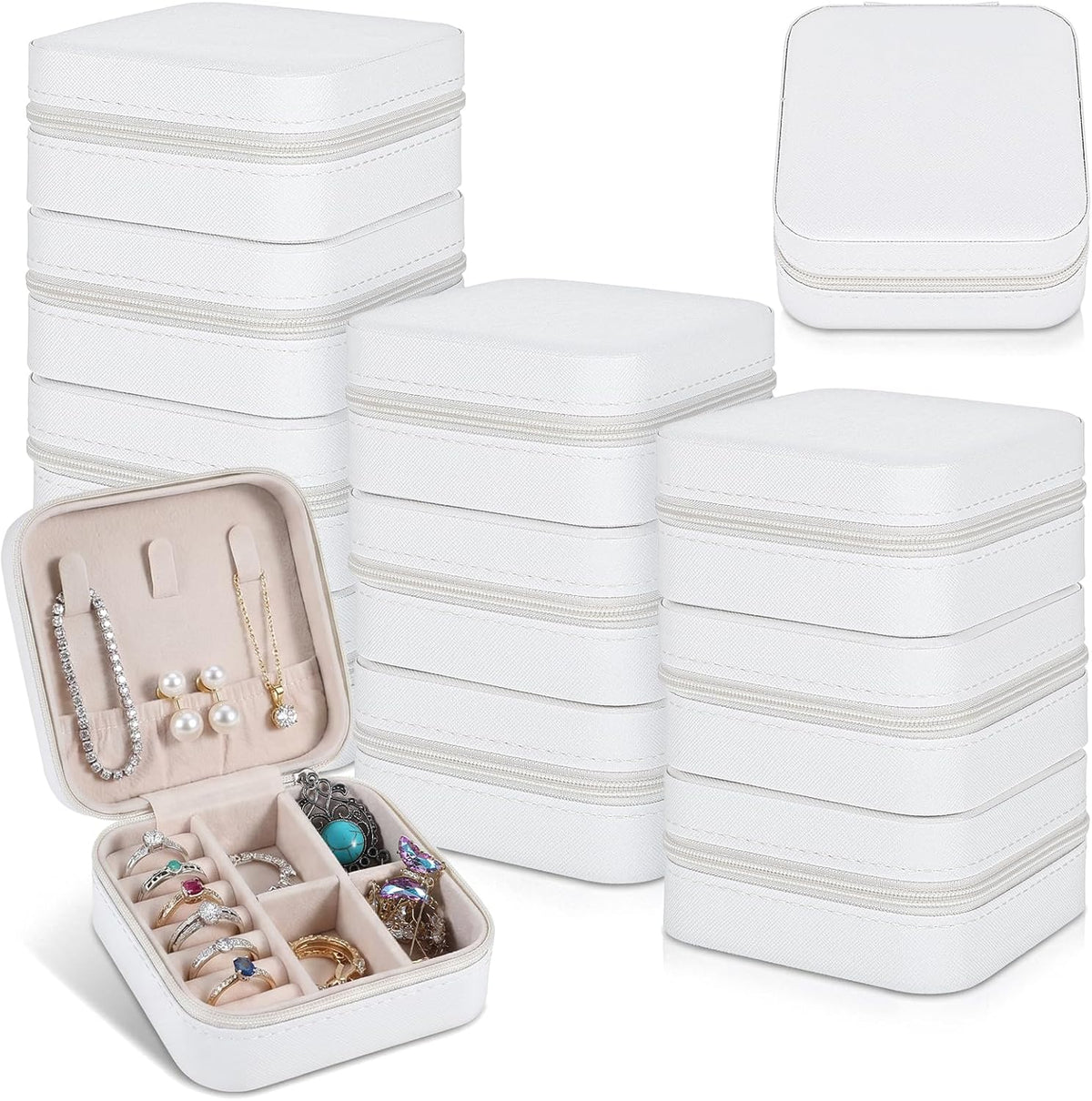 16 Pcs Mini Travel Jewelry Case, PU Leather Jewelry Box Organizer, Small Portable Earring Storage Box for Women, White