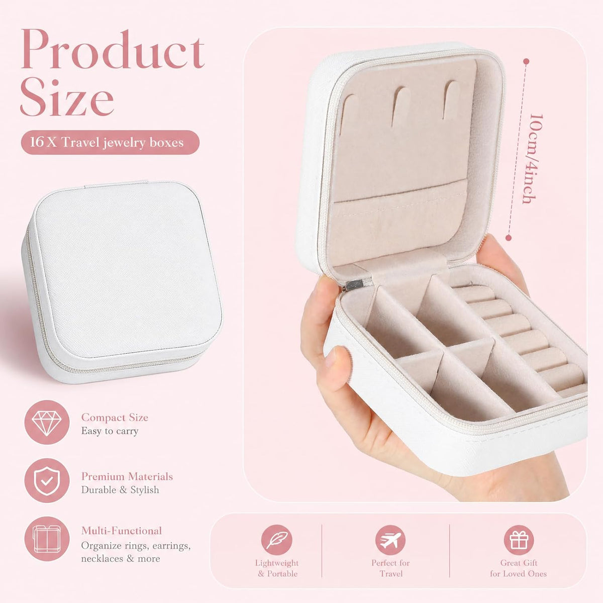 16 Pcs Mini Travel Jewelry Case, PU Leather Jewelry Box Organizer, Small Portable Earring Storage Box for Women, White