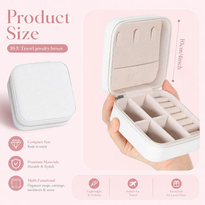 16 Pcs Mini Travel Jewelry Case, PU Leather Jewelry Box Organizer, Small Portable Earring Storage Box for Women, White