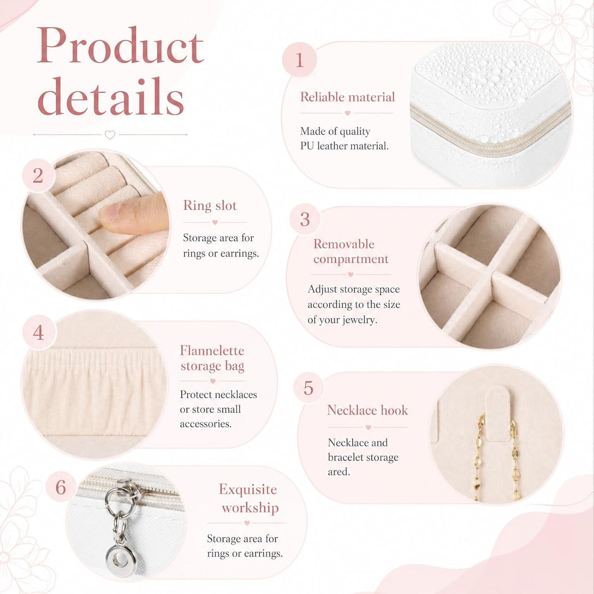 16 Pcs Mini Travel Jewelry Case, PU Leather Jewelry Box Organizer, Small Portable Earring Storage Box for Women, White