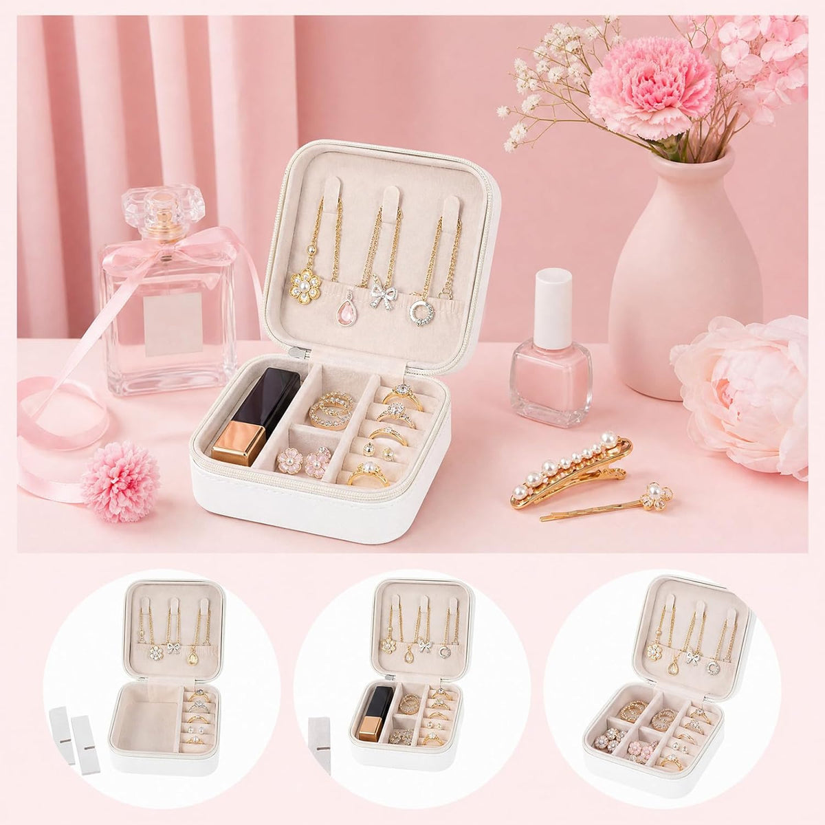 16 Pcs Mini Travel Jewelry Case, PU Leather Jewelry Box Organizer, Small Portable Earring Storage Box for Women, White