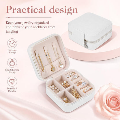16 Pcs Mini Travel Jewelry Case, PU Leather Jewelry Box Organizer, Small Portable Earring Storage Box for Women, White