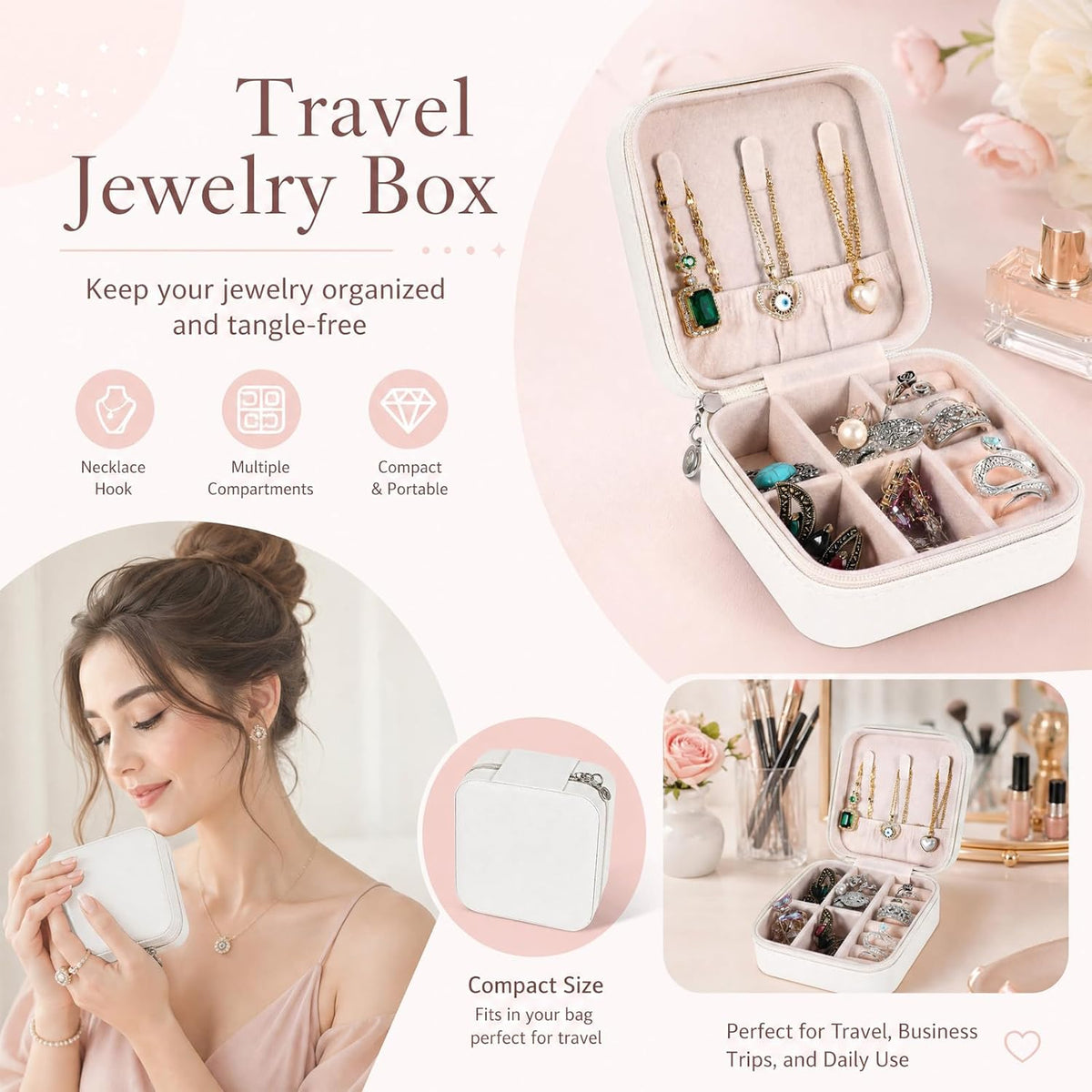 16 Pcs Mini Travel Jewelry Case, PU Leather Jewelry Box Organizer, Small Portable Earring Storage Box for Women, White