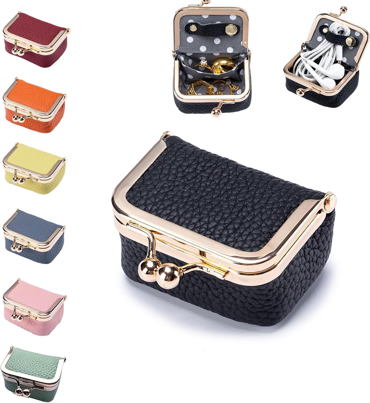 Genuine Leather Jewelry Travel Case Mini Portable Organizer with Kiss Lock & Anti-Tip Design, Stable Small Jewelry Box for Earrings, Rings, Coin Purse for Travel (2.55x1.77 Inch, Blue)