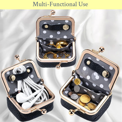 Genuine Leather Jewelry Travel Case Mini Portable Organizer with Kiss Lock & Anti-Tip Design, Stable Small Jewelry Box for Earrings, Rings, Coin Purse for Travel (2.55x1.77 Inch, Blue)