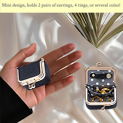 Genuine Leather Jewelry Travel Case Mini Portable Organizer with Kiss Lock & Anti-Tip Design, Stable Small Jewelry Box for Earrings, Rings, Coin Purse for Travel (2.55x1.77 Inch, Blue)