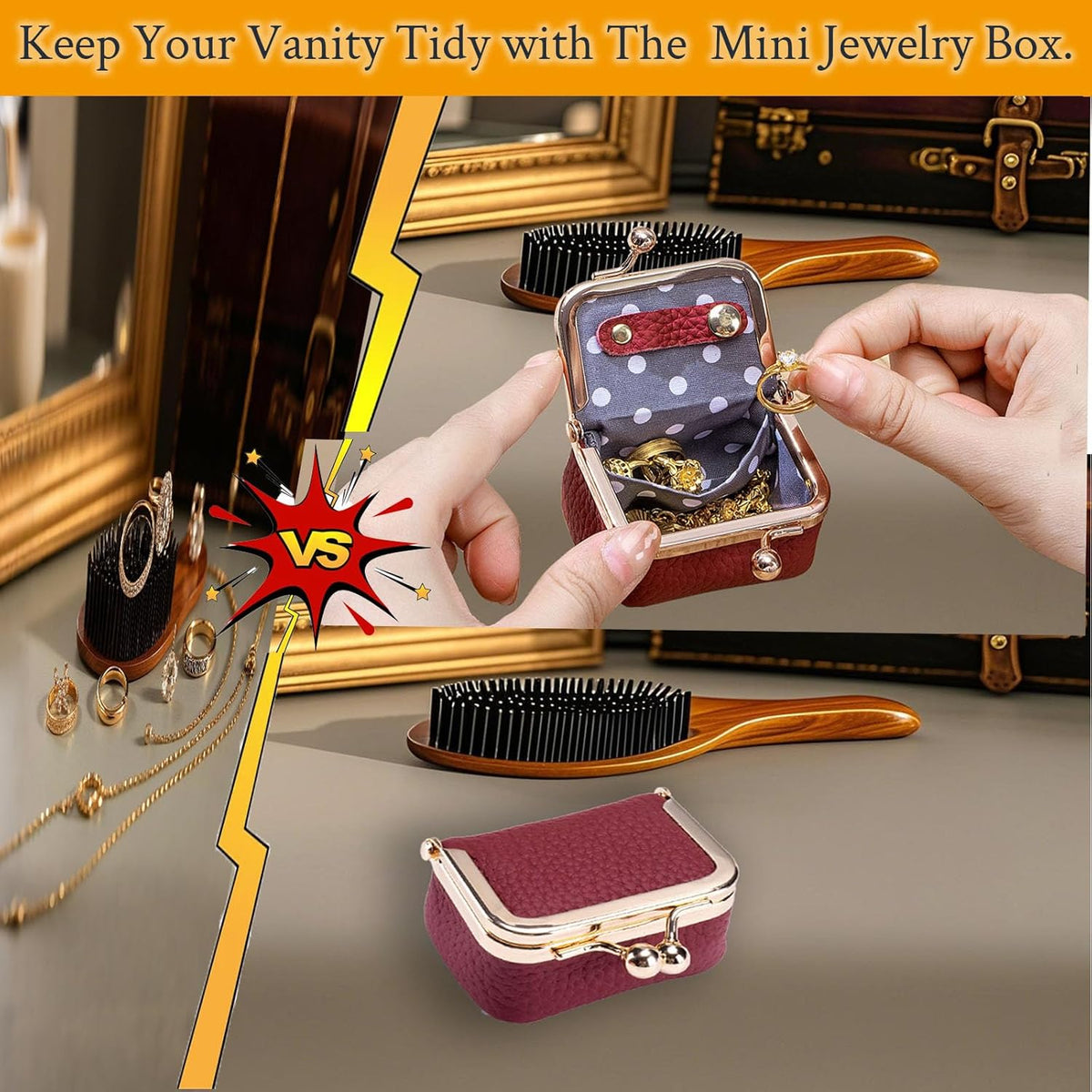 Genuine Leather Jewelry Travel Case Mini Portable Organizer with Kiss Lock & Anti-Tip Design, Stable Small Jewelry Box for Earrings, Rings, Coin Purse for Travel (2.55x1.77 Inch, Blue)