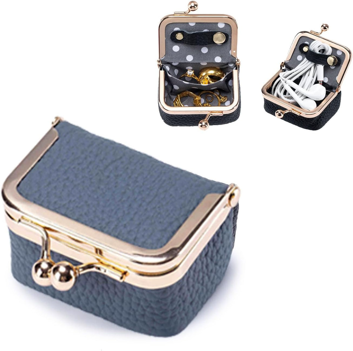 Genuine Leather Jewelry Travel Case Mini Portable Organizer with Kiss Lock & Anti-Tip Design, Stable Small Jewelry Box for Earrings, Rings, Coin Purse for Travel (2.55x1.77 Inch, Blue)