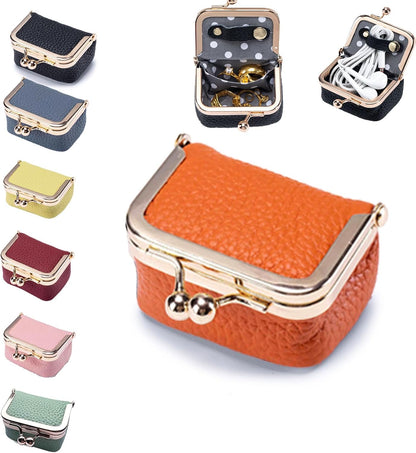 Genuine Leather Jewelry Travel Case Mini Portable Organizer with Kiss Lock & Anti-Tip Design, Stable Small Jewelry Box for Earrings, Rings, Coin Purse for Travel (2.55x1.77 Inch, Blue)